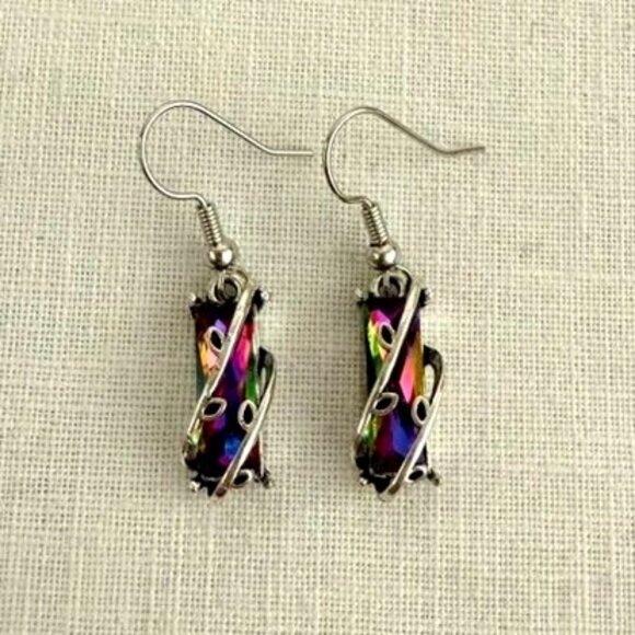 Multicolor Crystal Earrings Silver Plated Indie Festival Statement Boho Jewelry - Picture 1 of 10
